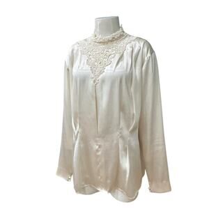 Vintage Pierre Cardin Ivory Satin Blouse Lace High Neck Victorian Romantic XL -